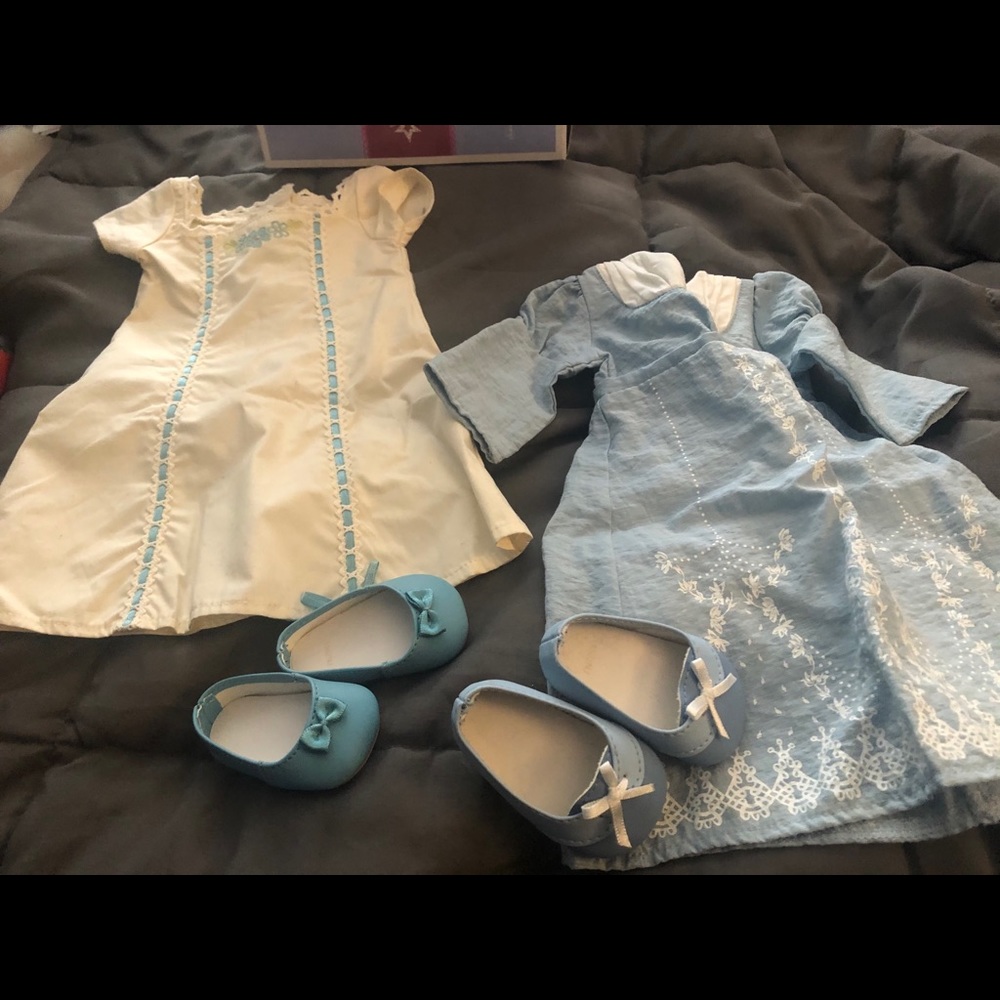 Two American Girl Doll Dresses With Blue Shoes